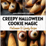 Close-up of freshly baked Witches Finger Cookies and Eyeball Cookies on a dark Halloween background.